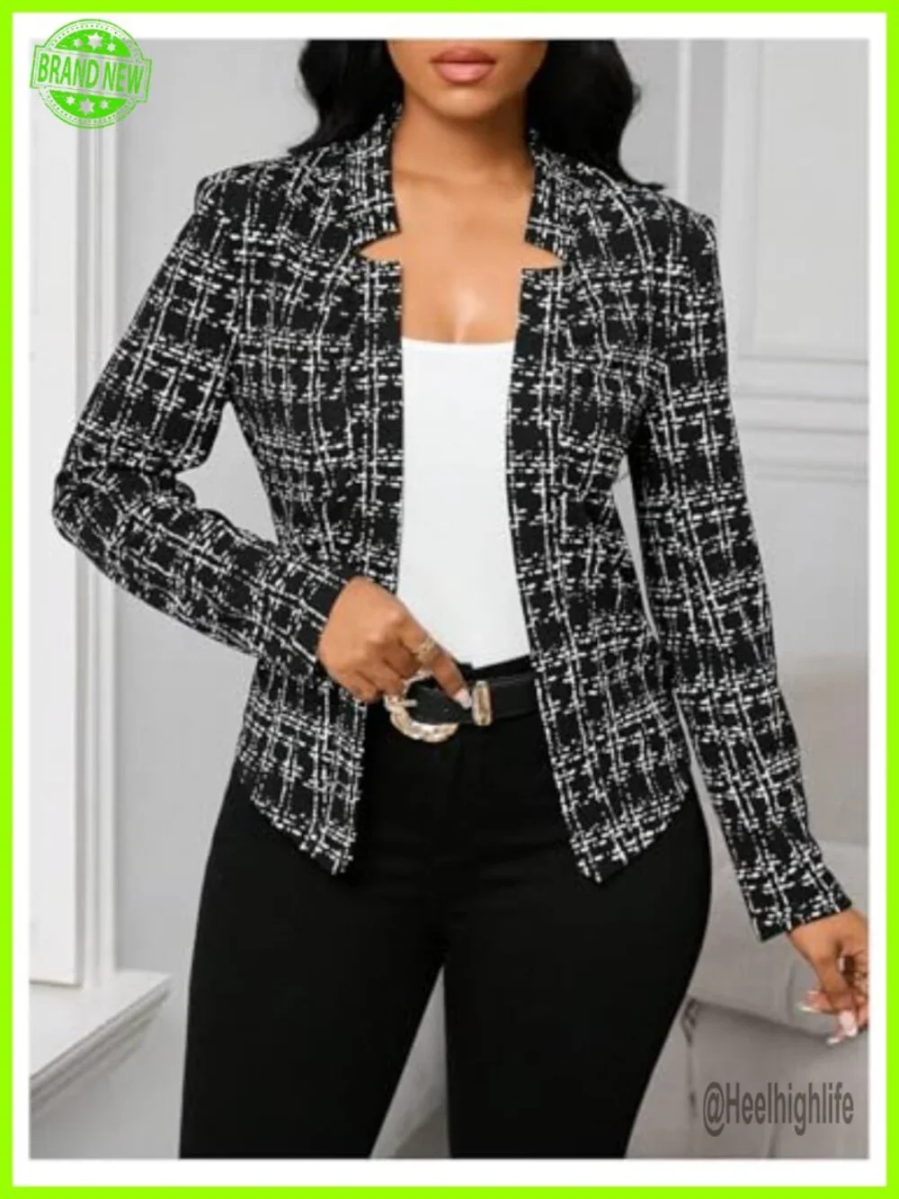 Elegant Plaid Tweed Blazer Open Front Long Sleeve Business Work Suit Jacket